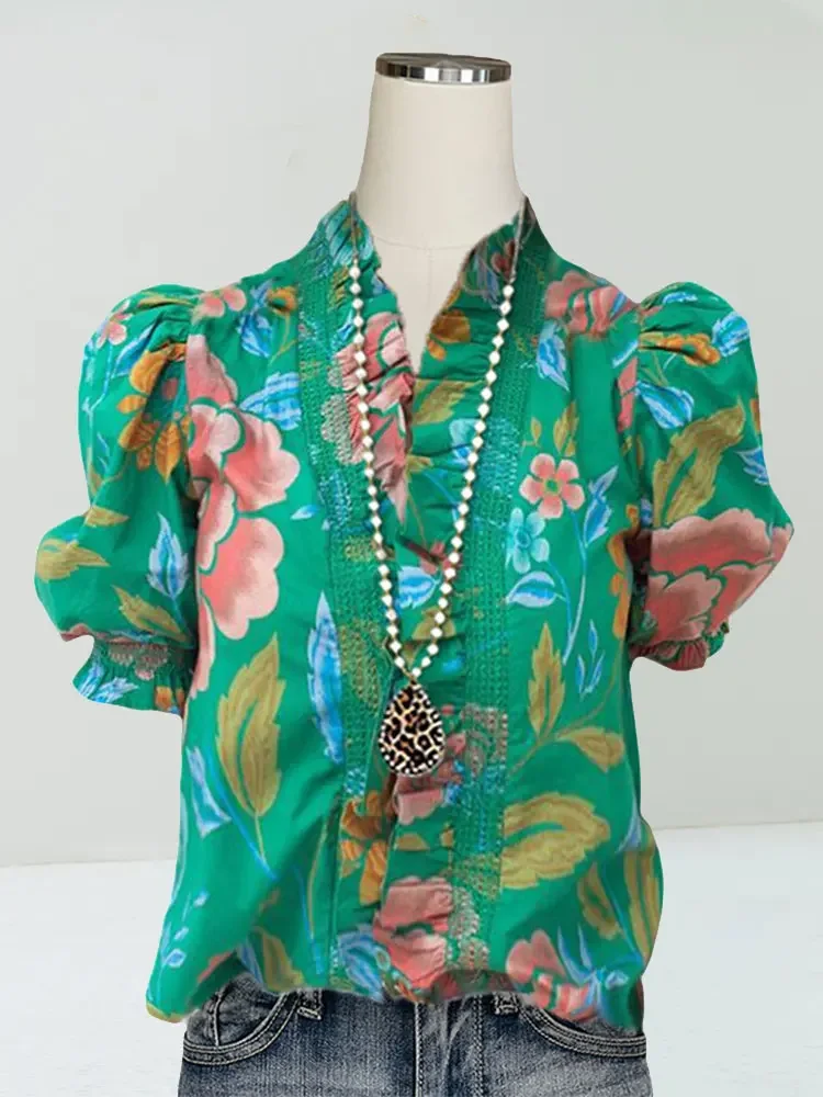 

Women Elegant Floral Print Puff Short Sleeve Blouse For Spring Summer Office Luxury V Neck Shirt Vintage Tops Tunics