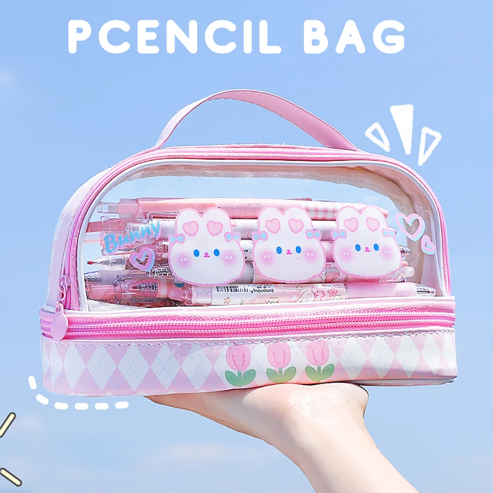 

Kawaii Pencil Case Double Layer Large Capacity Pen Bag Cartoon Portable Pencil Box School Student Supplies Stationary Organizer