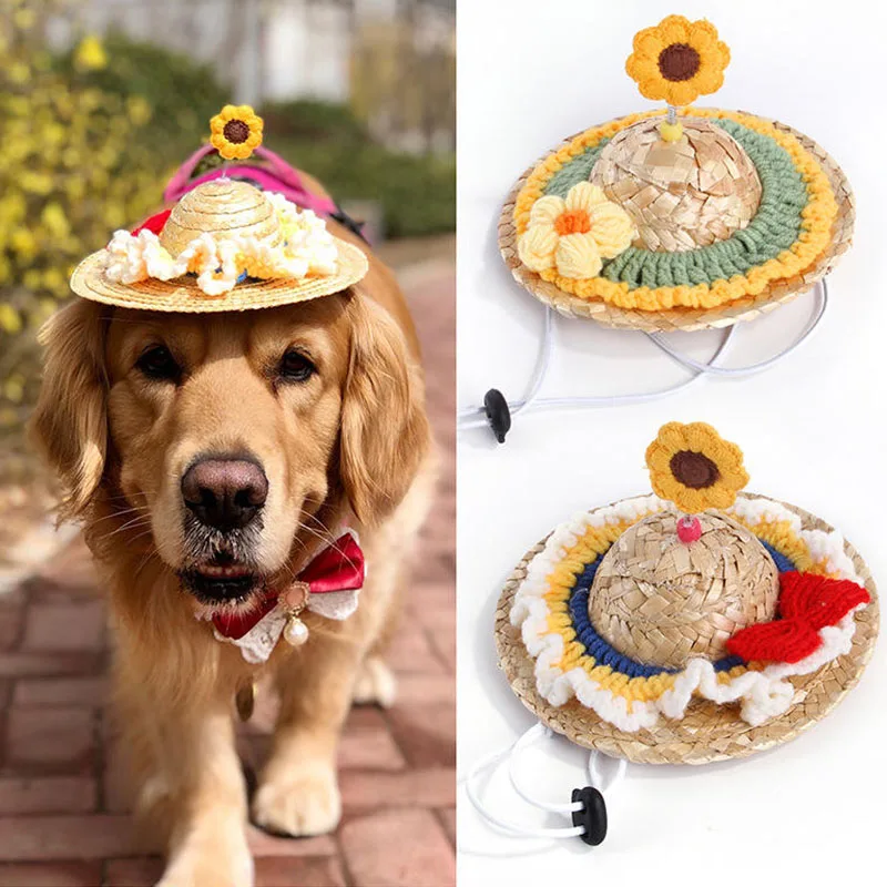 

Pet Straw Hat Cute Flower Sombrero Cat Sunhat Dog Cap Sun Hat Puppy Costumes Kitten Headdress Photography Props Pets Accessories