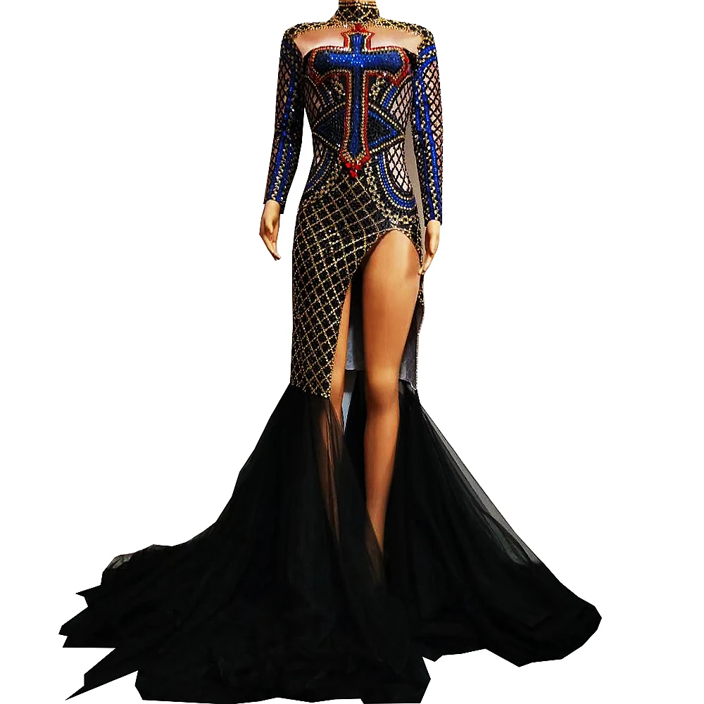 

Shining Cross Rhinestones Long Sleeves Sexy Split Gauze Long Dress For Women Evening Party Festival Clothing Stage Costumes