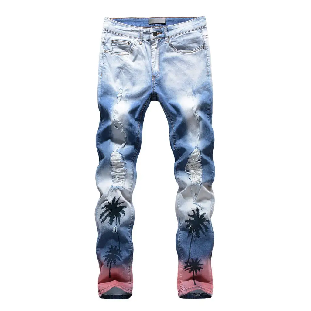

Jeans Cetak Digital Pohon Kelapa Hip Hop Celana Jeans Desainer Pas Badan Belel Pria Ukuran Besar Jeans Denim Pola Tropis