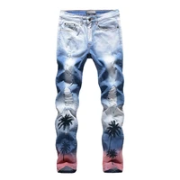 jeans cetak digital pohon kelapa hip hop celana jeans desainer pas badan belel pria ukuran besar jeans denim pola tropis