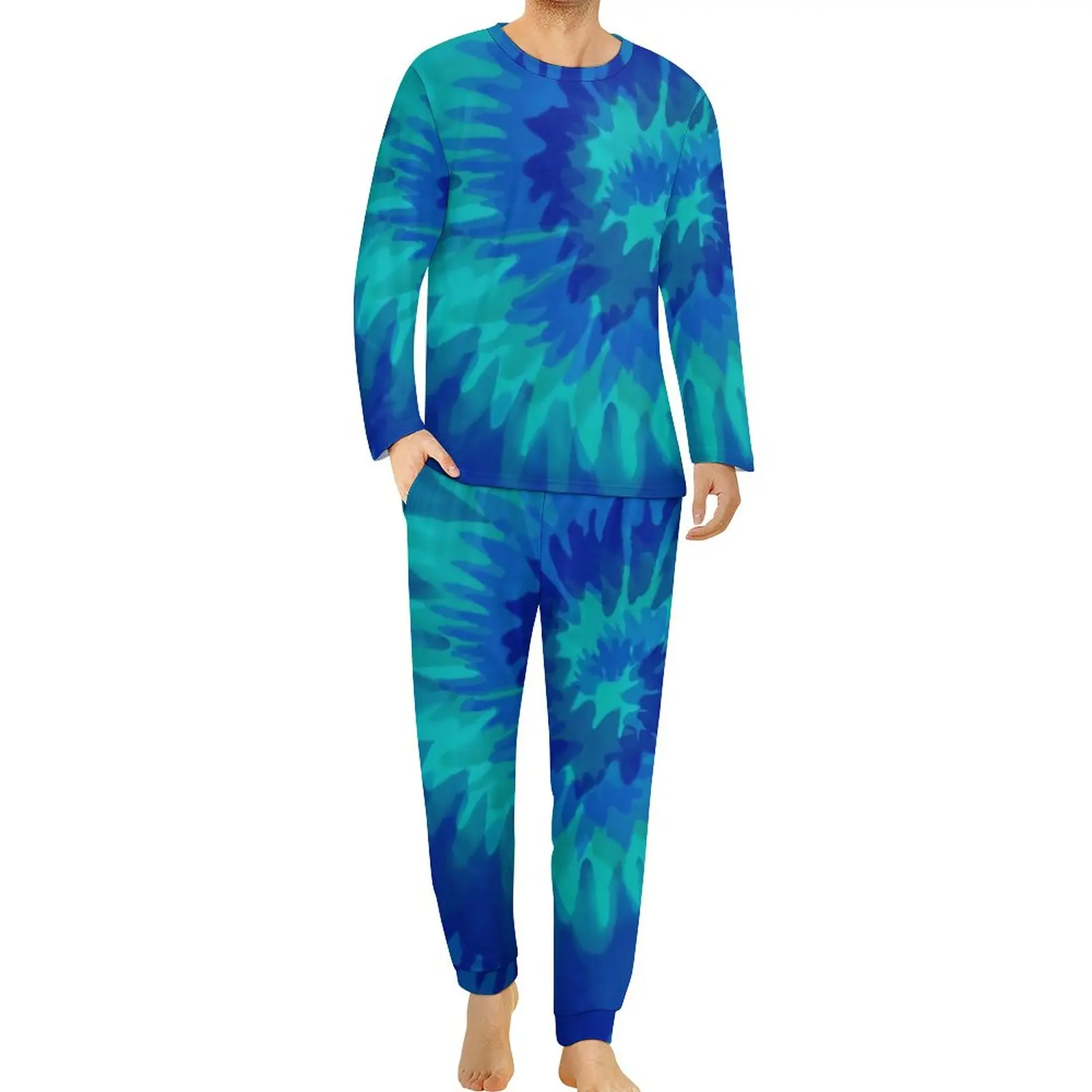 

Blue Vibrant Tie Dye Pajamas Winter Retro Swirl Print Home Suit Men Two Piece Design Long-Sleeve Elegant Oversized Pajamas Set