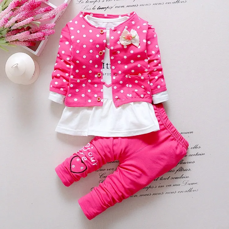 

Kids Spring baby girls clothing sets wave point clothing set baby girls cotton clothes suit childern cartoon 3pcs suit