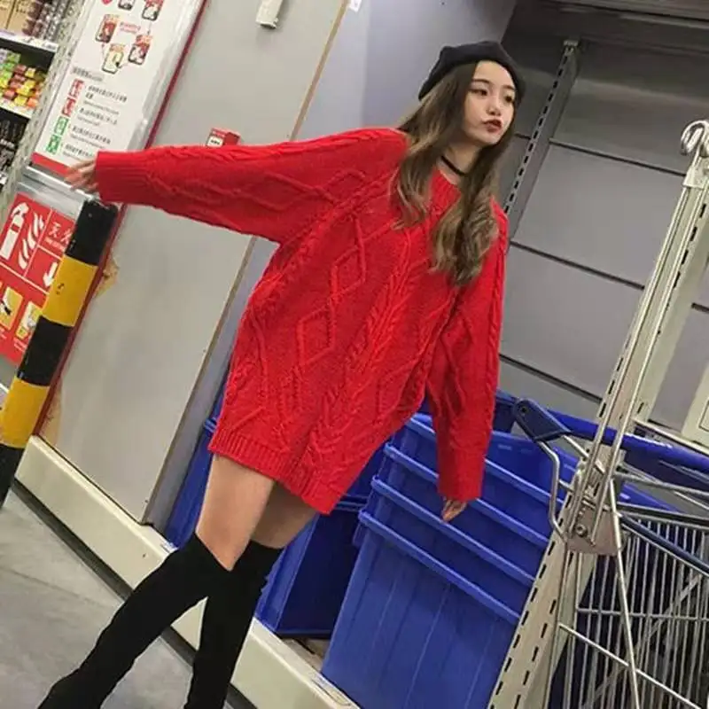 

2023 New Autumn Winter Knitted Sweater O Neck Long Sleeved Loose Womens Sweater Oversized Warm Female Pullovers for Women V532