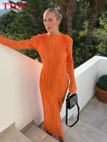 ttqv fashion orange womens dress 2022 bodycon o neck long sleeve maxi dress ladies elegant slim classic pleated party dresses