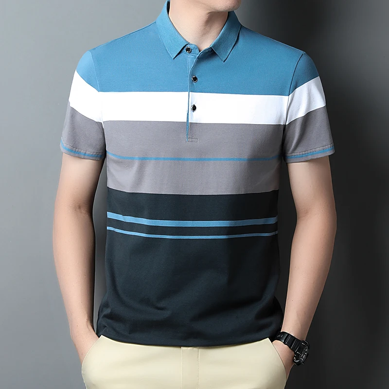 Embroidered logo Summer men's striped polo shirt New cotton short sleeved T-shirt Men's casual business top Golf
