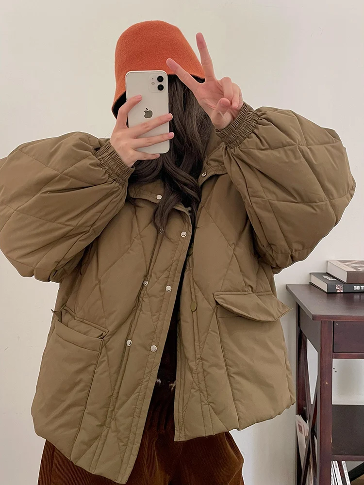 Zzlady Diamond Plaid двубортный пуховик женский 2023 зима новинка с рукавами-фонариками и