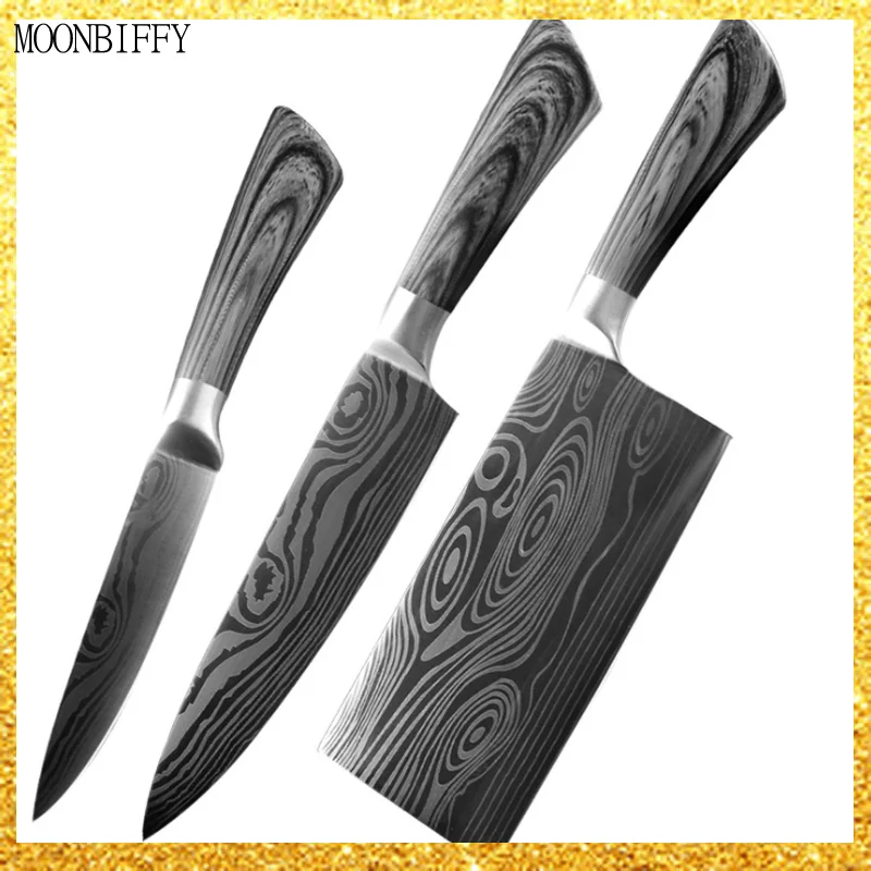 

Kitchen Knife 5 7 8 Inch Chef Japanese Knives Set 7CR70 440C Meat Cleaver Santoku Utility Laser Damacuse Pattern Cooking Set