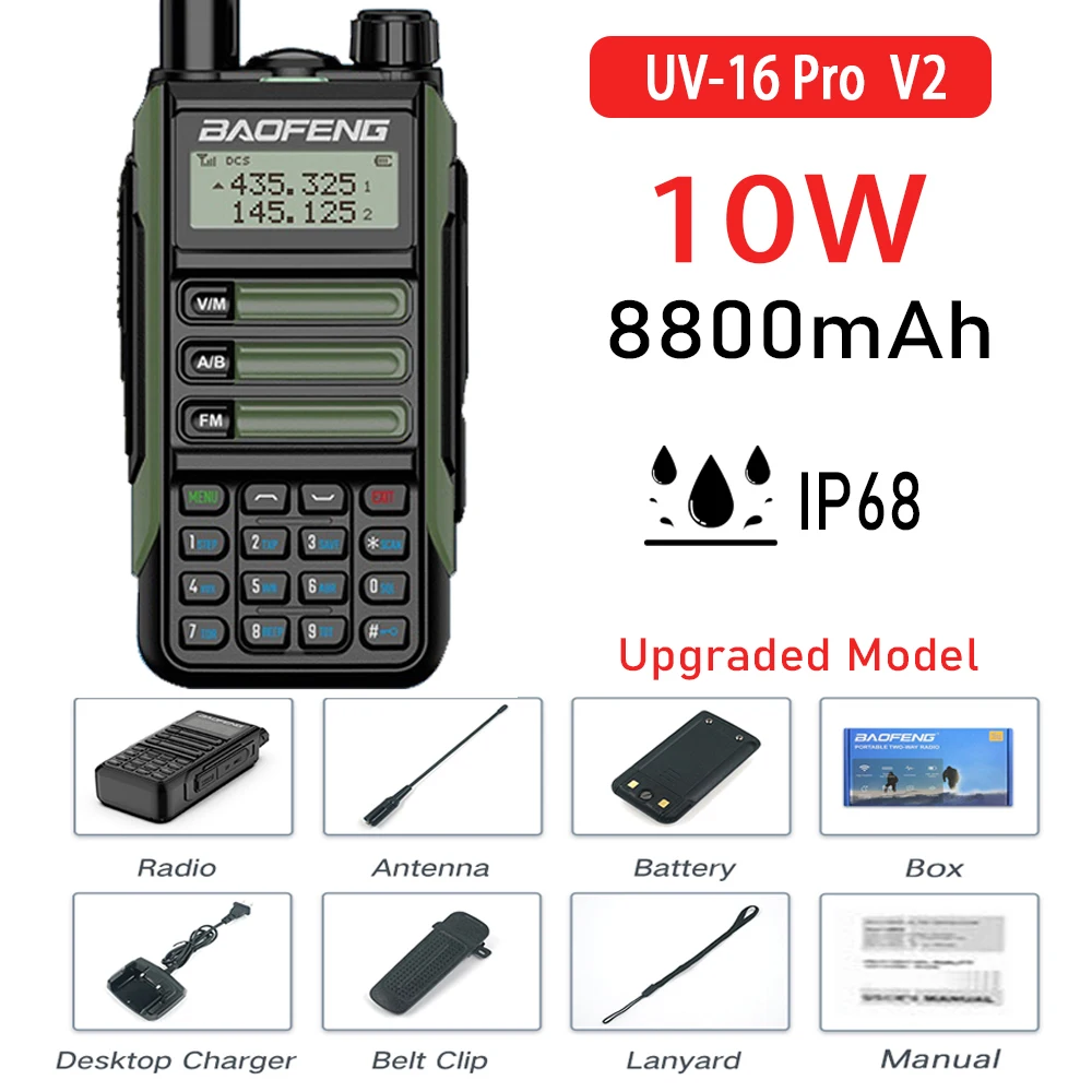 

UV-16 PRO 10W Walkie Talkie UV16 IP68 Waterproof Amateur Transceiver Dual Band CB Ham Two Way Radio Type-C Fast Charger