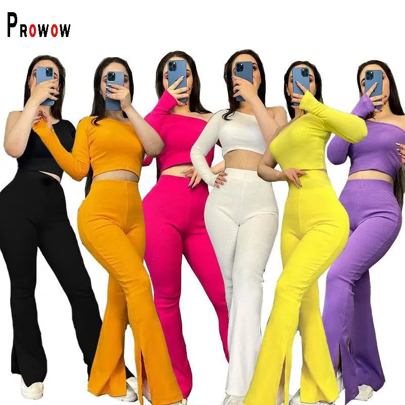 

Комплект женской повседневной одежды Prowow, укороченный топ с одним рукавом, брюки-клеш с завышенной талией, костюм из двух предметов, уличная одежда на лето-осень