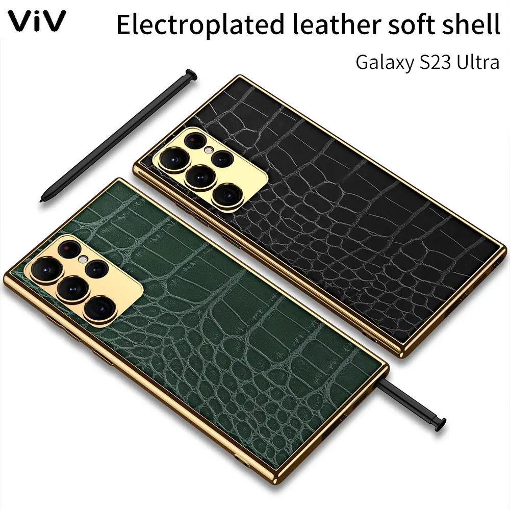 

S23 Ultra Luxury Crocodile Leather Phone Case For Samsung Galaxy S23 Plus Case Gold Plating Shockproof Soft TPU Back Cover S23