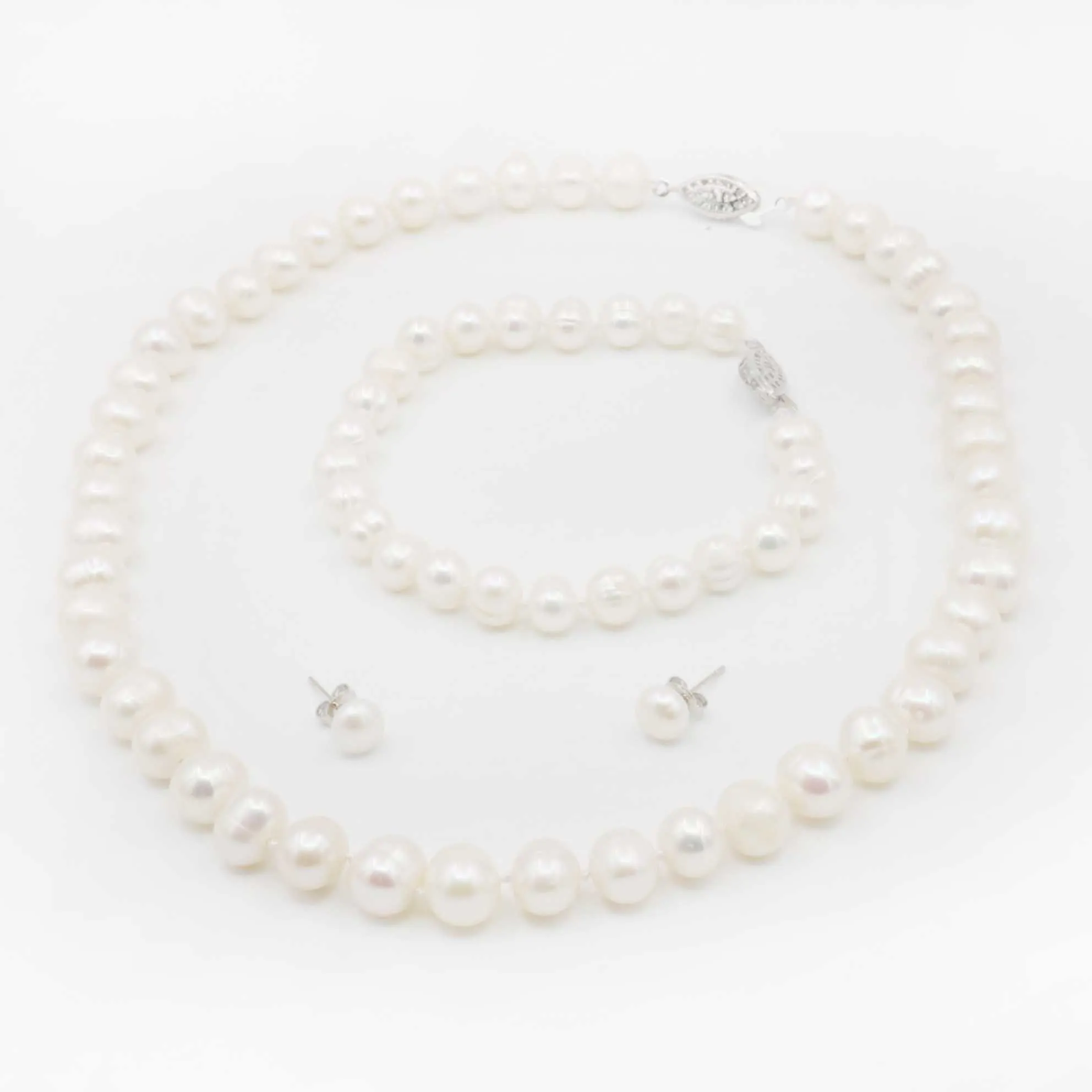 

8-9mm Near Round White Fresh Water Pearl Necklace Bracelet Stud Sets Beads Neckwear Hand Ornament Jewelry Making Design