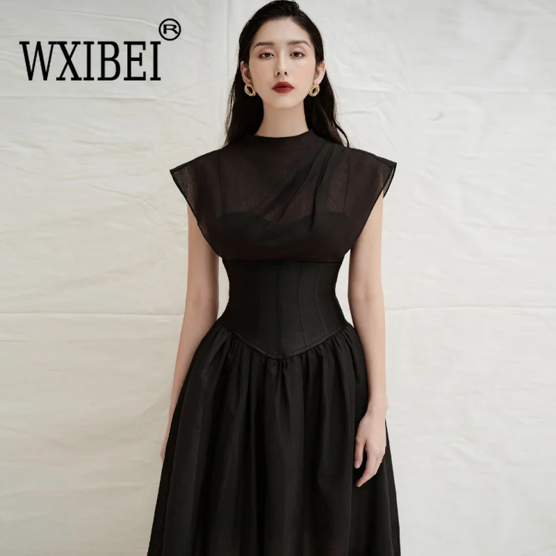 

WXIBEI Fashion Mesh Splicing Folds Black Long Dress For Women 2023 Summer Round Neck Sleeveless High Waist Evening Dresses FC580