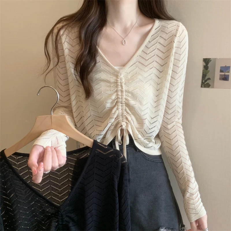 

Женская блузка, Новинка лета 2022, вязаная футболка с длинным рукавом и V-образным вырезом, Свободный Тонкий Однотонный женский пуловер, топы