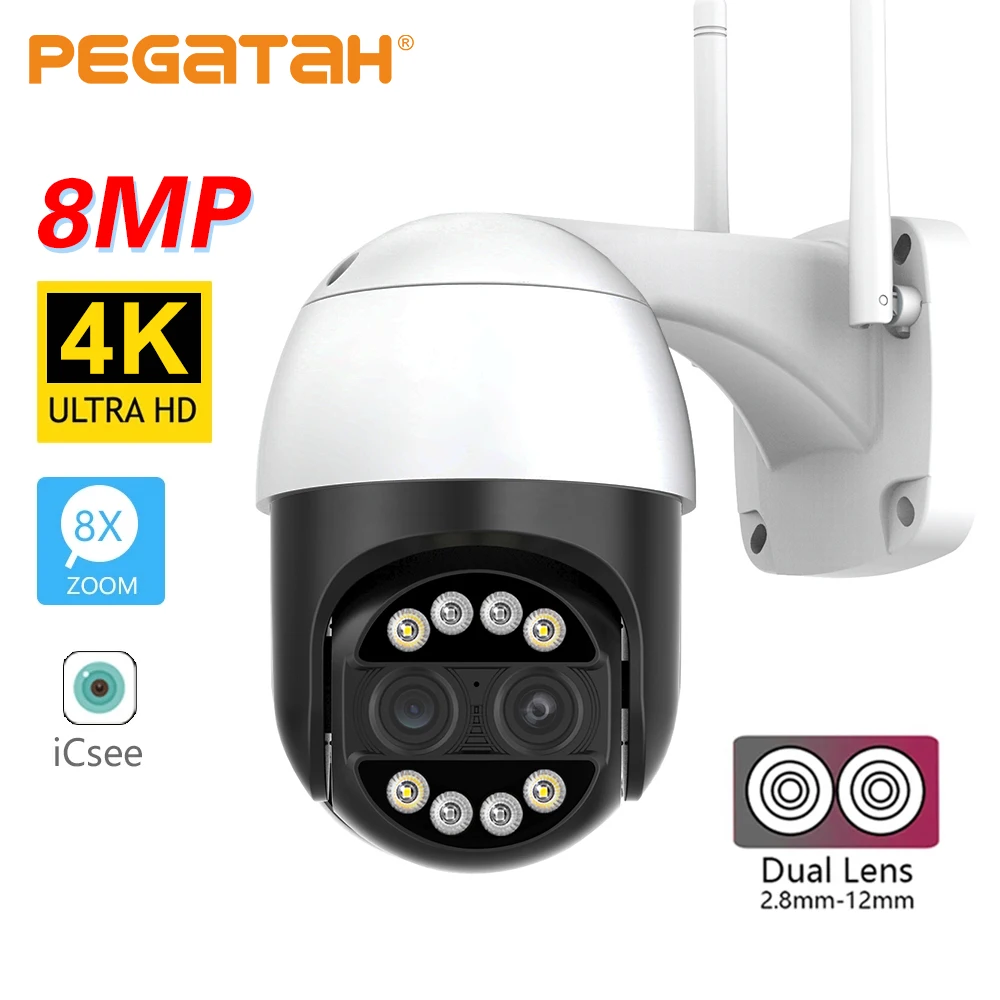 

PEGATAH 8MP 4K PTZ IP Camera 8x Zoom 2.8+12mm Dual Lens Outdoor Night Vision Auto Tracking P2P Security Surveillance Wifi Camera