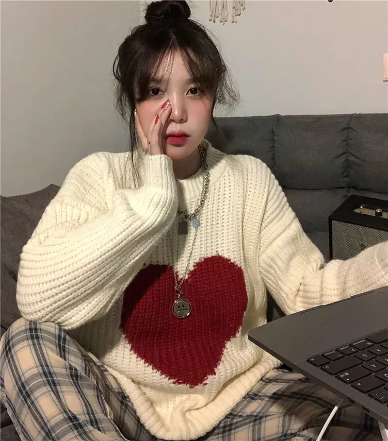 

Oversized Knitted Sweater Women Knitwear Sweet Heart Pattern Oversized Print Pullover Sweater Woman Winter Men Men Female Stripe