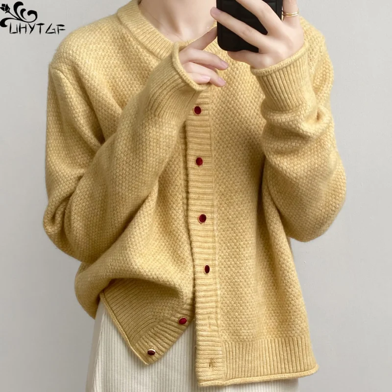 

UHYTGF Crew-Neck Sweater Coat For Women Spring Autumn Solid Color Single Breasted Long Sleeve Base Top Female Knitwear Cardigans
