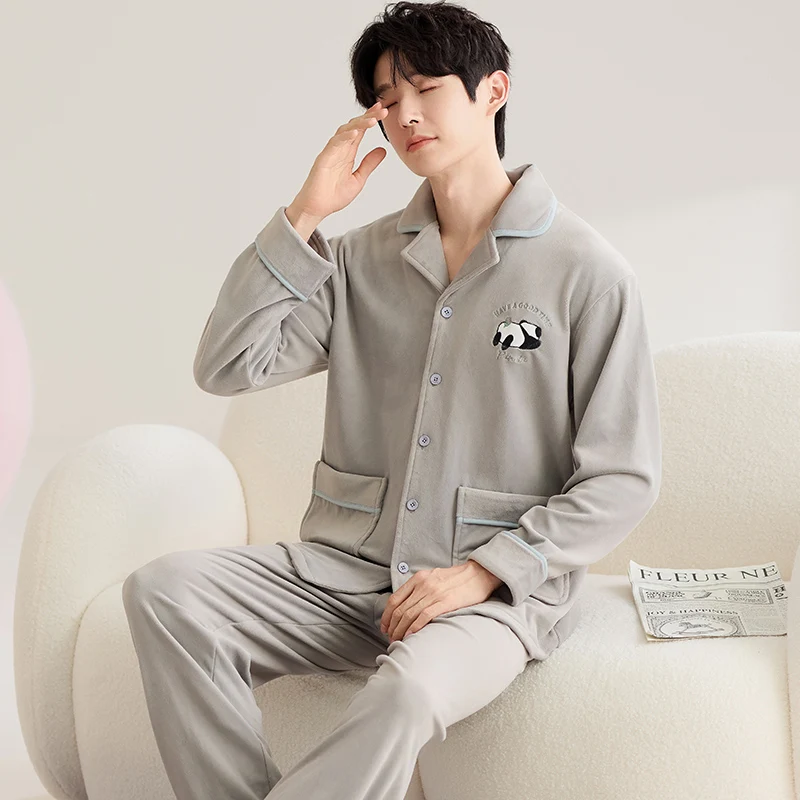 Island Velvet Pajamas Men's Autumn and Winter Gold Warm Long sleeve Coral Plus size Homewear Set |