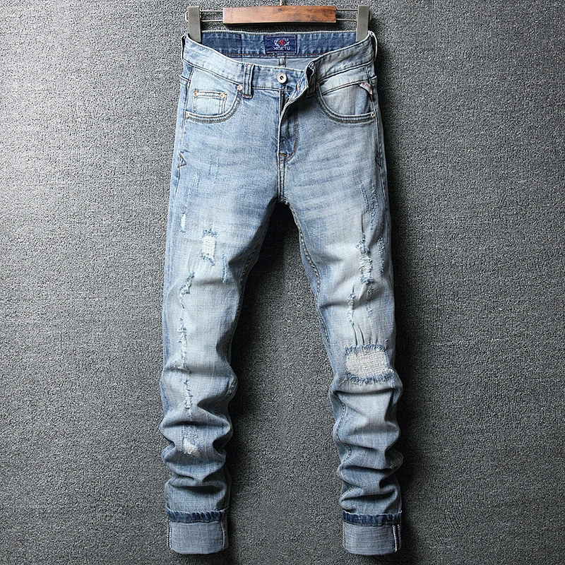 Fashion Designer Men Jeans Retro Light Blue Elastic Stretch Slim Fit Ripped Jeans Men Patched Vintage Casual Denim Pants Hombre