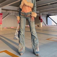 weiyao contrast stitching low waist casual flared jeans woman floral embroidery vintage denim pants ripped streetwear bottoms