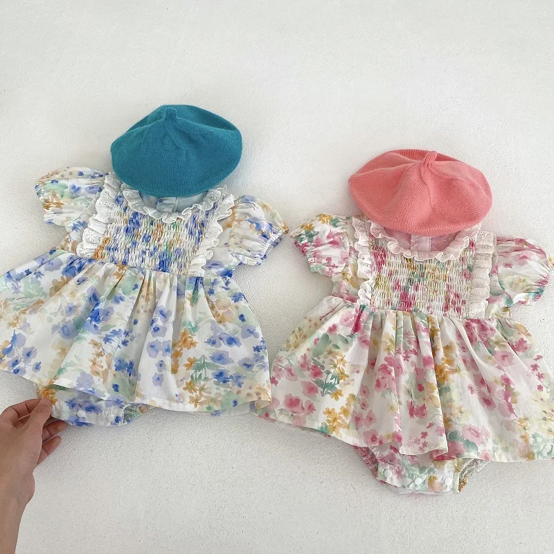 

2023 Summer Baby Girl Dress Romper 0-2Years Newborn Princess Short Sleeve Lace Collar Flower Skirted Bodysuit Sunsuit Clothes