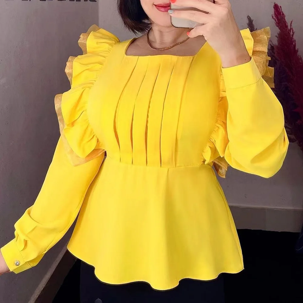 

Ruffles Blouse Women Shirts 2022 Fashion Yellow Plain Long Sleeves Square Neck Elegant Ladylike Female Tops Shirt Blouse Falbala