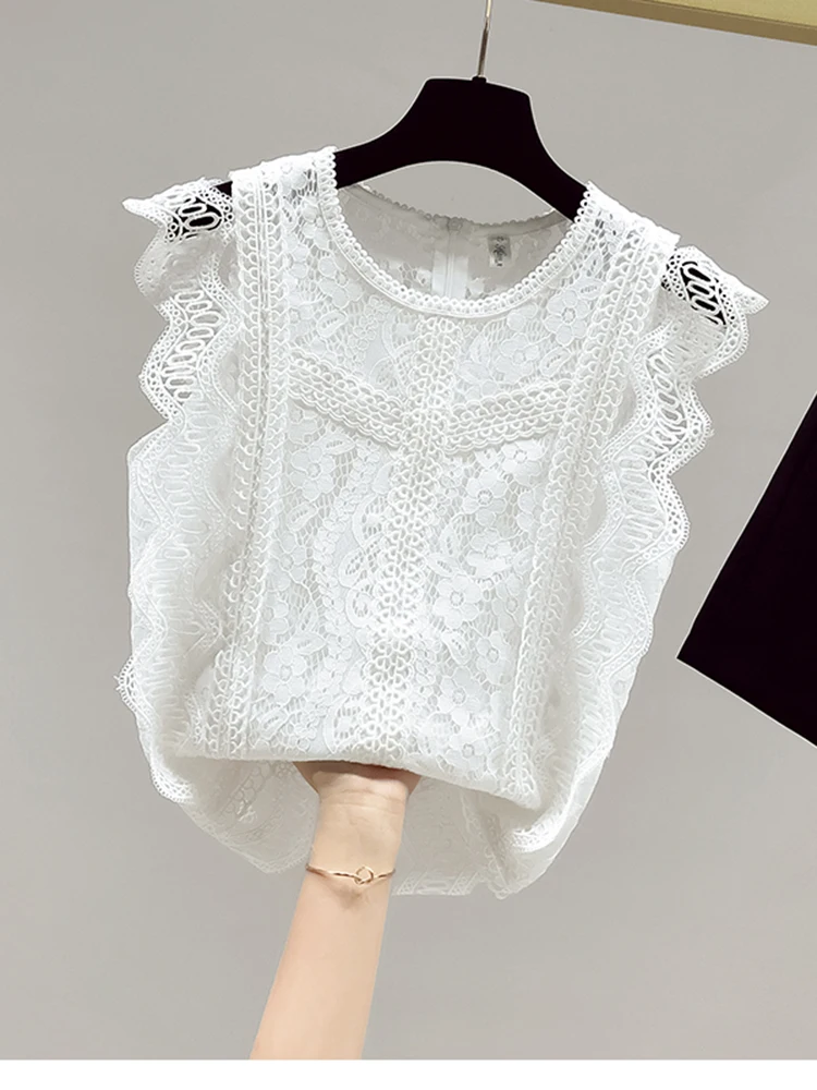 Женская летняя Черная кружевная рубашка в европейском стиле, новая модная темпераментная рубашка без рукавов с волнистыми краями и вырезами в западном стиле D3054