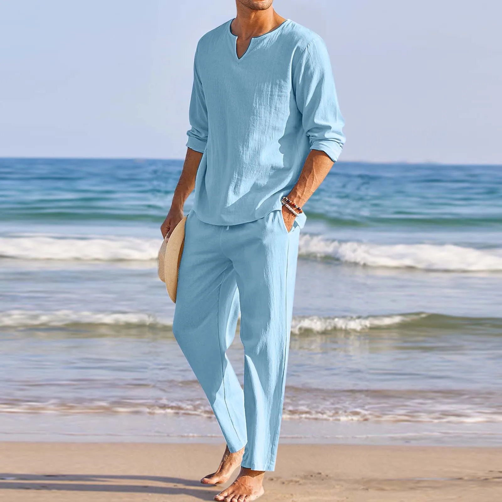 

Men Pieces Cotton Linen Set Henley Shirt Long Sleeve And Casual Beach Pants Summer Yoga Outfits Big And Tall Suits for Men