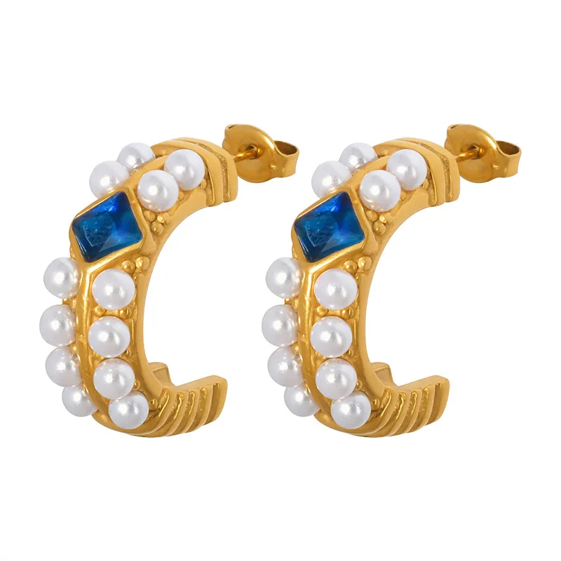 

Luxury Double Imitation Pearls C Shape Earrings White Cubic Zircon Stainless Steel Hoops Waterproof Jewelry