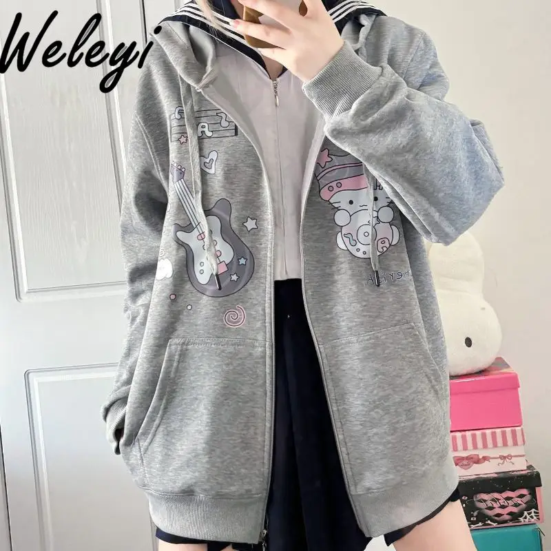 Серый кардиган с принтом Счастливый котенок в студенческом стиле женская
