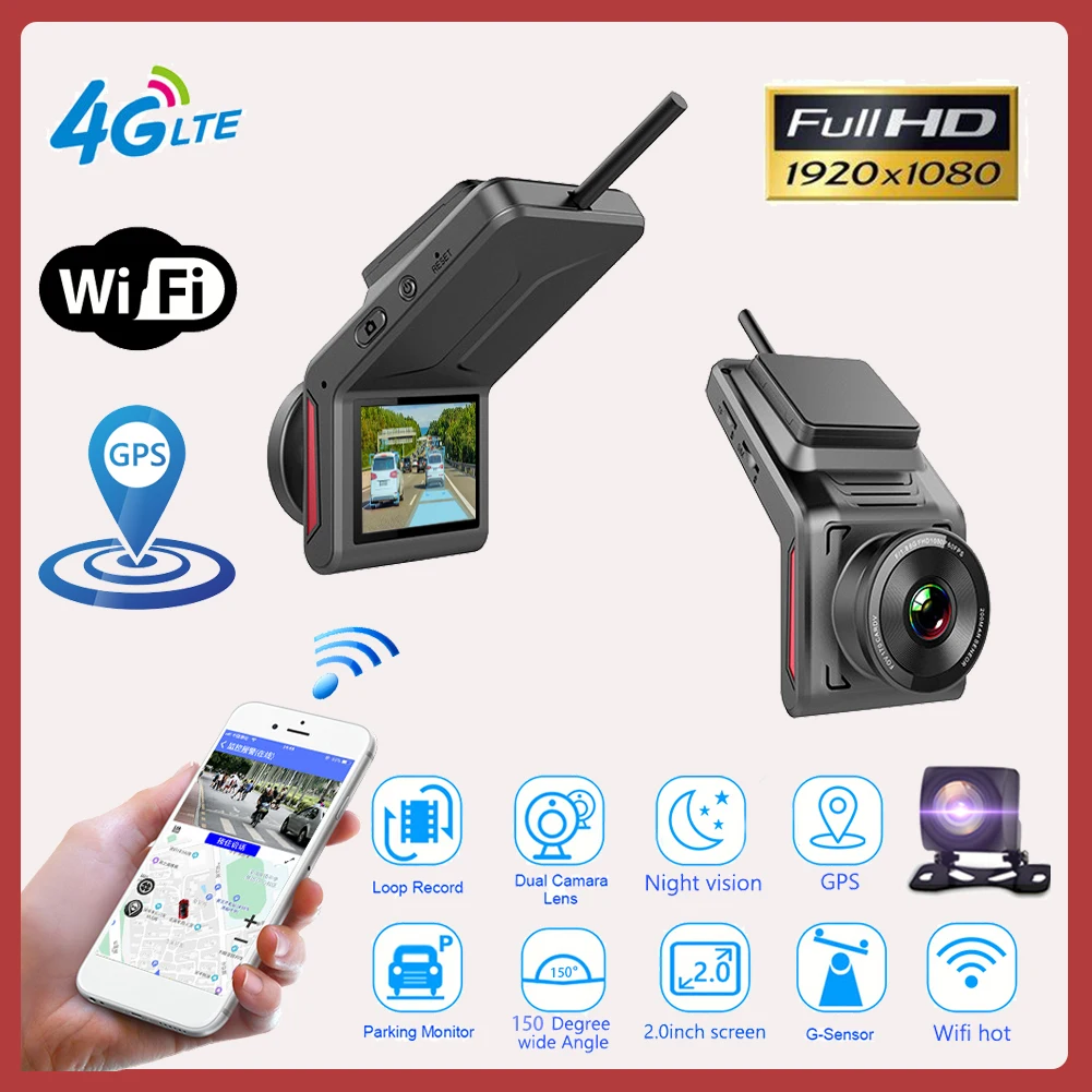 

4G WiFi DVR Dual Lens Dash Cam With GPS Support APP Control Monitor Auto FHD 1080P Video Record Hidden Car Camera