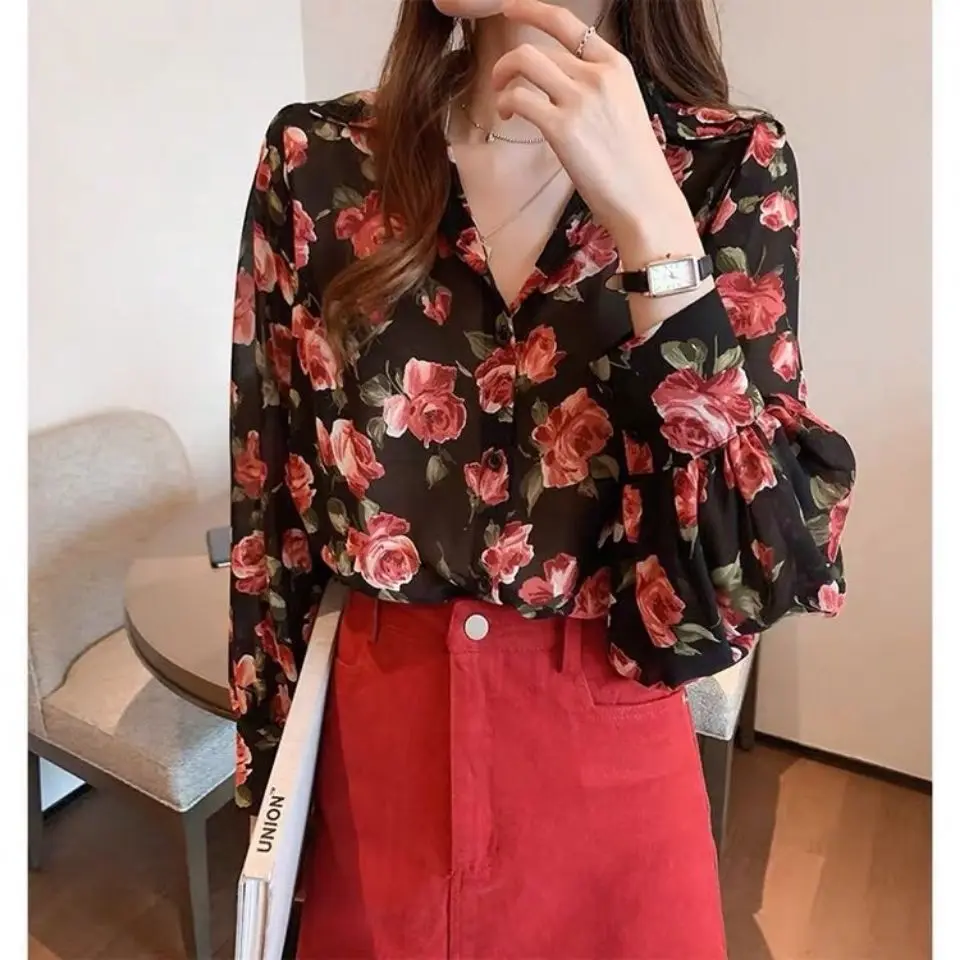 

Spring Summer Women's Long Sleeved Vintage Elegant Shirt Floral Slim Lady's Top Korean Style Print Chiffon Girl's Casual Blouses