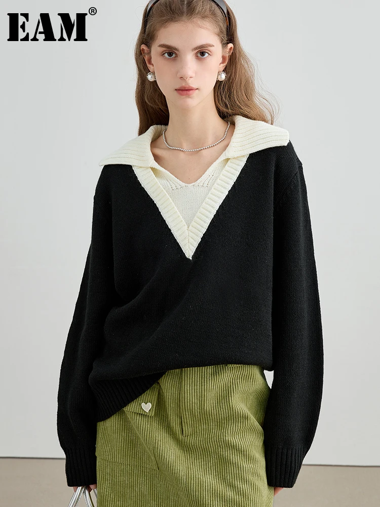 

[EAM] Black Color-block Knitting Sweater Loose Fit V-Neck Long Sleeve Women Pullovers New Fashion Spring Autumn 2023 1DH2349