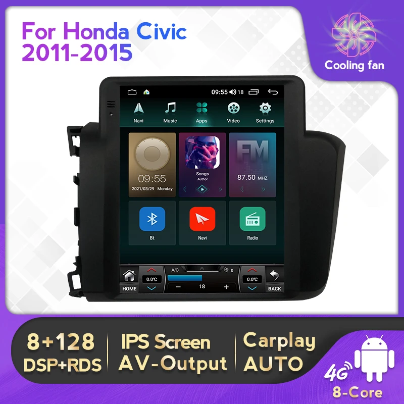 

Автомагнитола в стиле Tesla, мультимедийный видеоплеер с экраном для Honda Civic 2011-2015, GPS-навигация, встроенный Carplay, авто, Wi-Fi, 4G, LTE