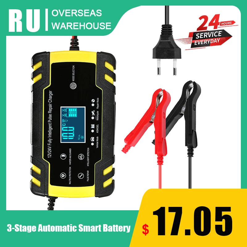 Fully automatic Car Battery Charger 12V 8A 24V 4A Smart Fast Charging for AGM GEL WET Lead Acid Battery Charger LCD Display