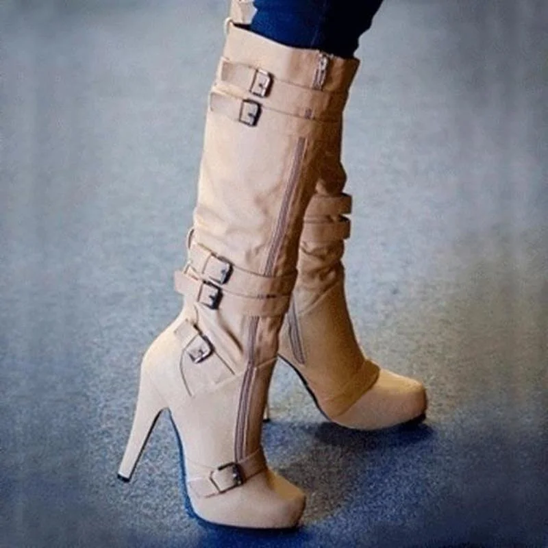 

Women Boots High Heels Autumn Winter Knee High Women Shoes Buckle Strap Zip Boots Platform Solid Color Long Boots Female Pumps
