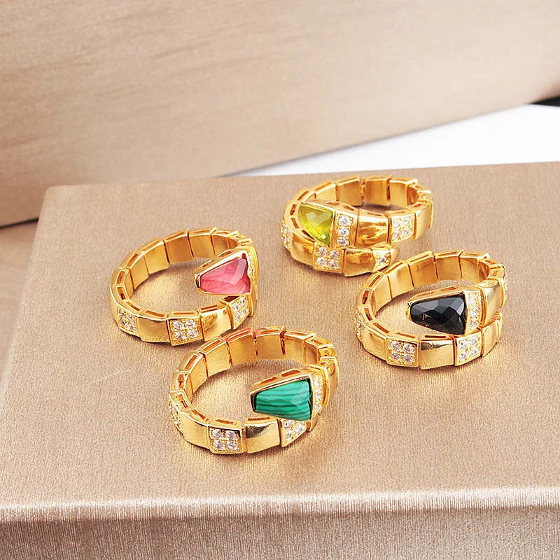 

Fashion Style Lady Ring Single Circle Elastic Apart Paved Onyx Malachite Cubic Zircon Plated Gold Color Snake Serpent Shape