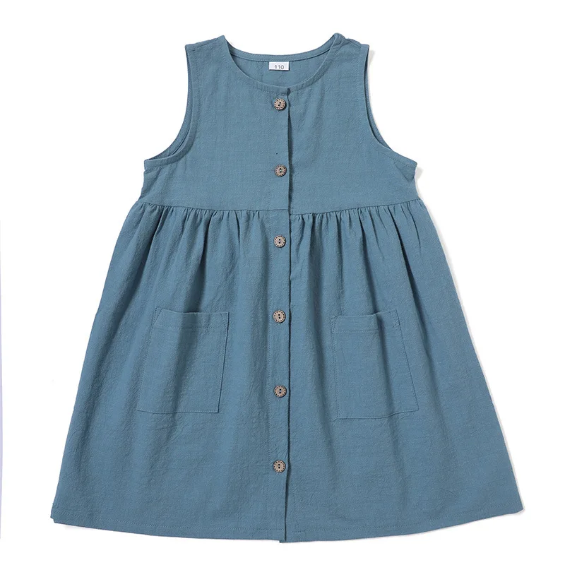 

2022 summer new girl princess skirt solid color cotton and linen children's skirt pocket button children's pleated dress