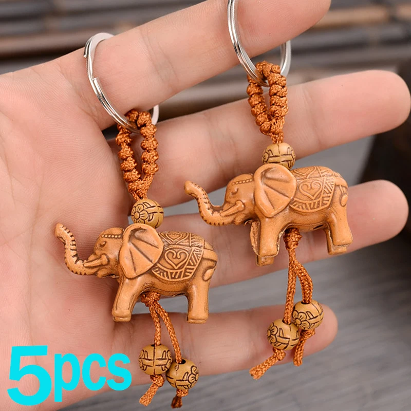 

5pcs Elephant Keychain Peach Wood Carving Rich Lucky Animal Key Chain Pendant for Women Men Couple Bags Charm Home Key Rings