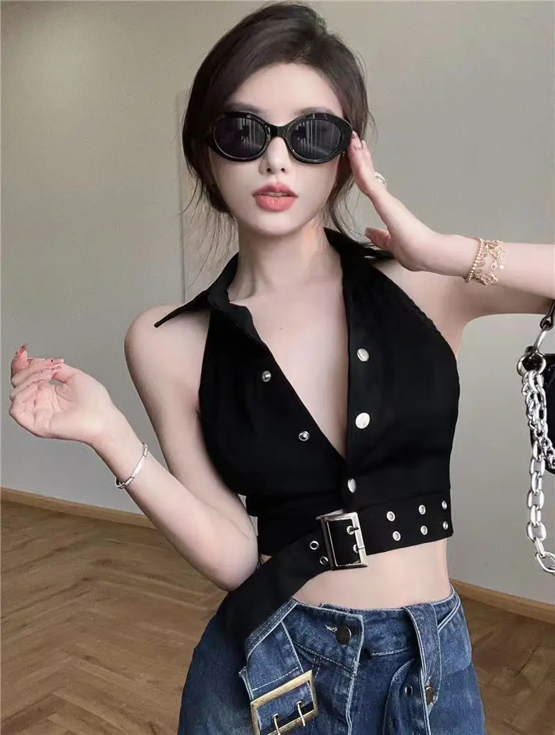 Женский укороченный жилет с открытой спиной на бретелях в стиле 90-х