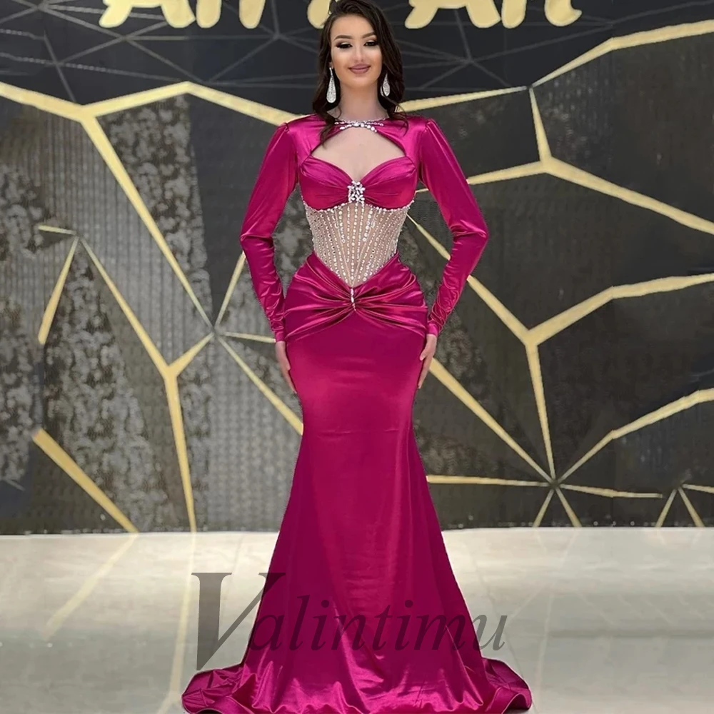 

Mermaid Crystals Sheath Hot Pink Long Sleeves Illusion Evening Party Dress Pleat Made To Order Robe De Stretch Formal Gowns Prom