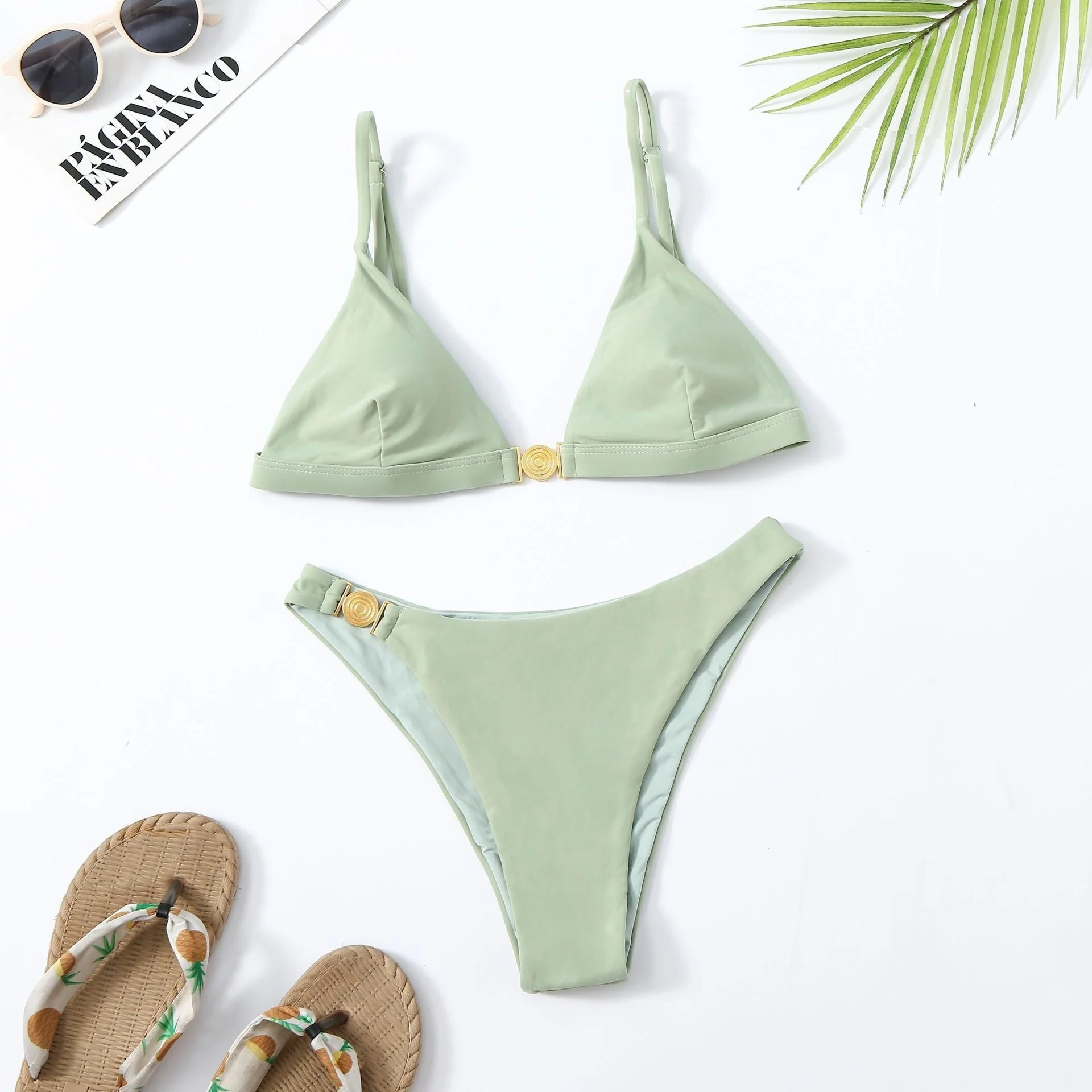 

2022 Bikini Swimwear Swimsuit Women Solid Light Green Bathing Suit Bikini Set With Pad Female Low Waist Beachwear Biquini
