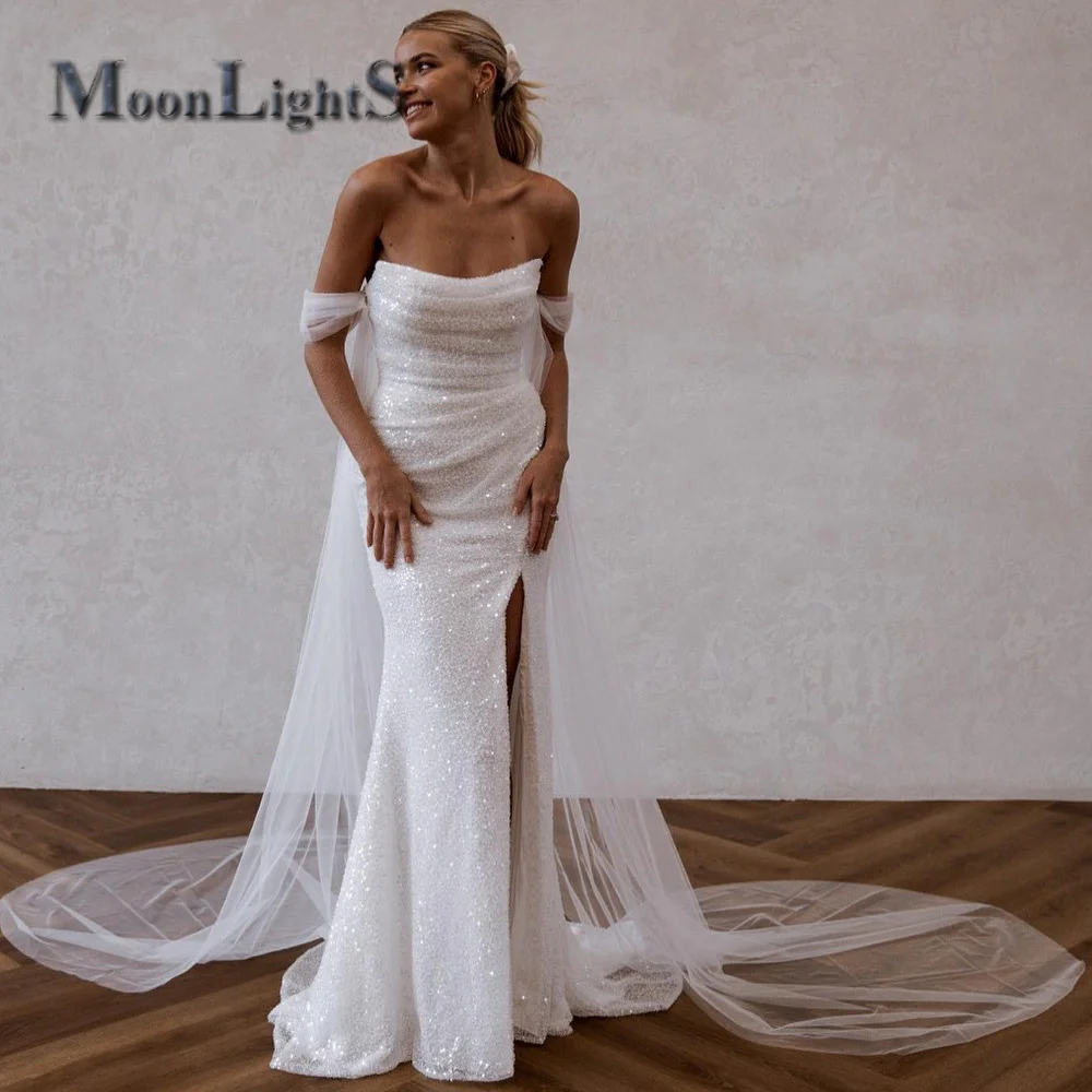 

MoonlightShadow Elegant Women Long Dresses Pearls Boat Collar Crystal Pearls Bling Party Wedding Personalised Cвадебное платье