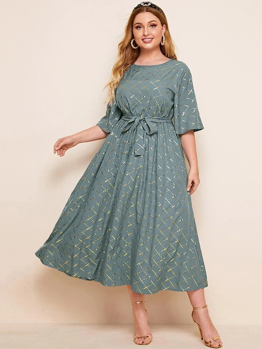 

2022 Women's Summer Dress Plus Size Female Half Sleeve Plaid Print Sequined Party Dress Belted Loose Oversized Maxi Long Dresses