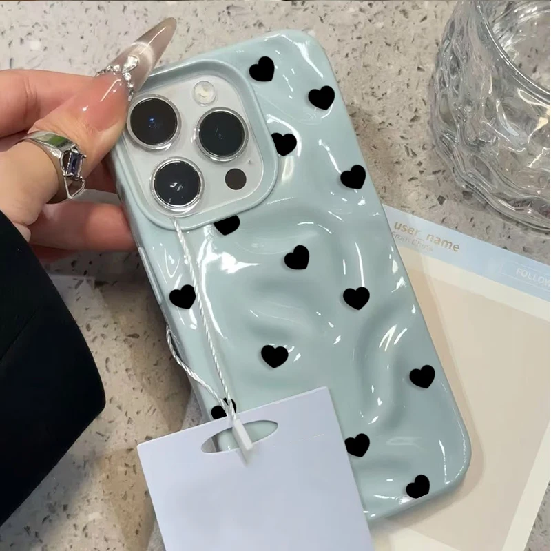 Фото Эстетичный милый черный противоударный чехол с сердечками для iPhone 17 16 Plus 15 14 Pro 13 12 11 Pro Max Air 16E, мягкий защитный чехол №1