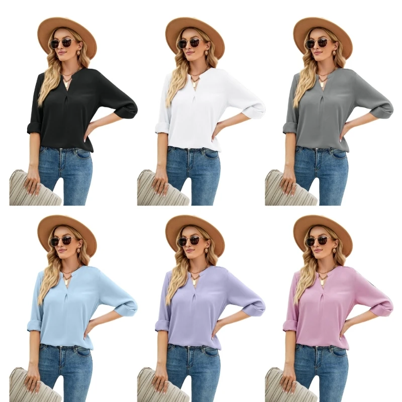 

Women Fall Casual Long Sleeve Loose Fit Chiffon Tunic Shirt Pleats V-Neck Solid Color Curved Hem Pullover Blouses Top 10CD