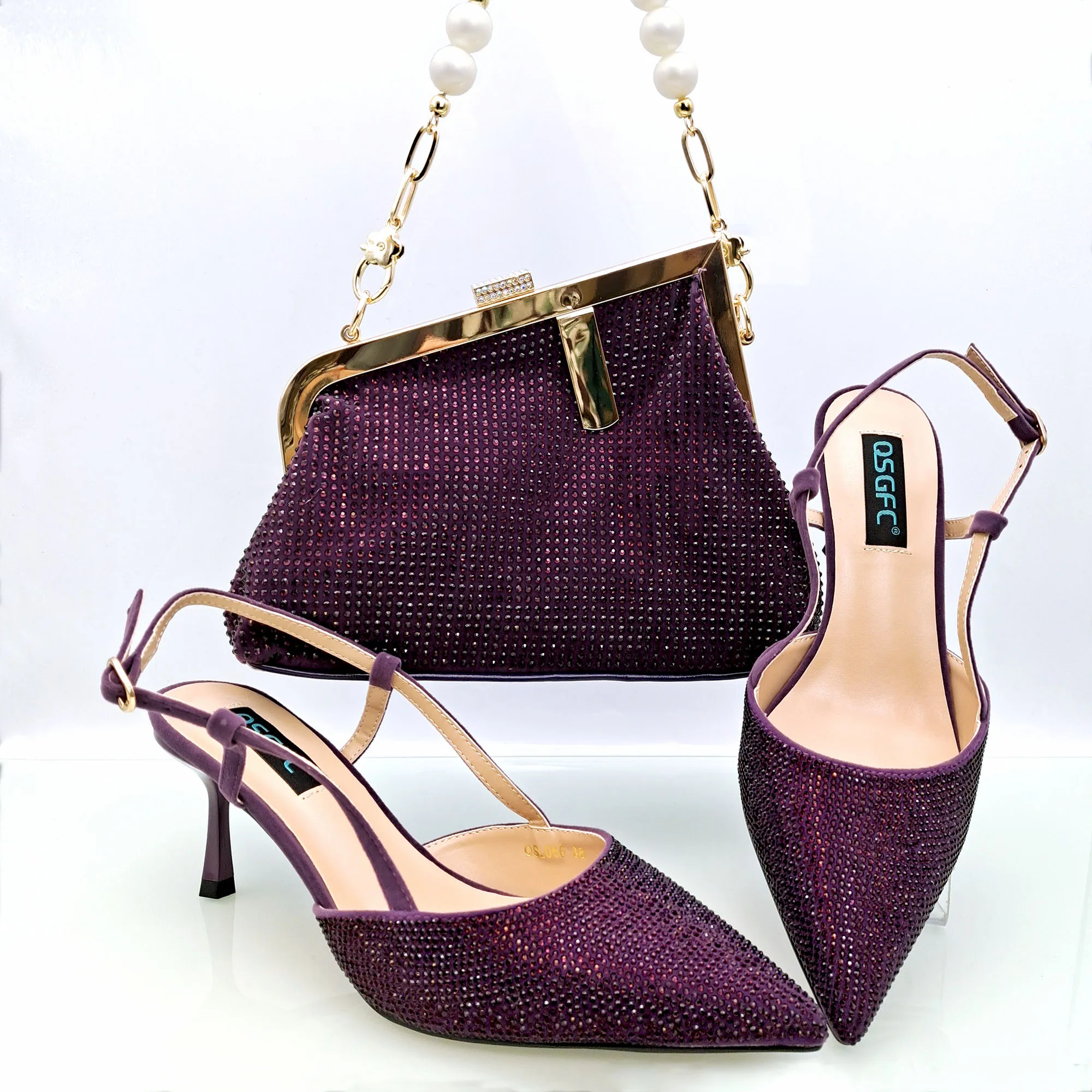 

D.Purple 2023 INS Style High-Heeled Shoes And Selected Lace Big Rhinestone Sexy Shoe Bag Beautiful Girly Style Shoe And Bag