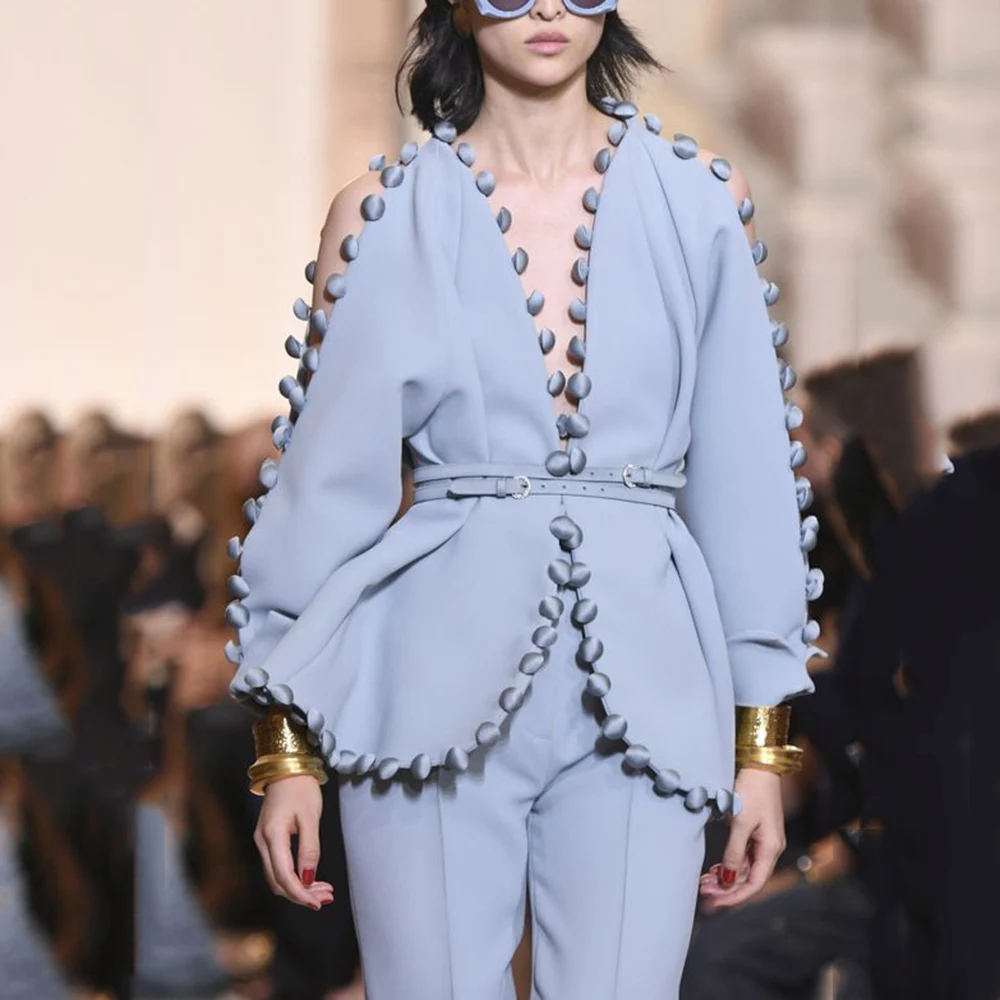 Blue Two-Piece Suit Set More Button Belt Jacket Pants V-Neck Clothing Latest Occasion Party Wear For Ladies