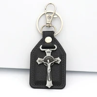 catholic christian religion jesus st benedict cross zinc alloy pu combination car keychain jewelry pendant